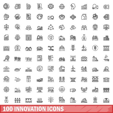 100 yenilik simgesi belirlendi. Beyaz arkaplanda izole edilmiş 100 yenilik simgesi vektörünün ana hatları