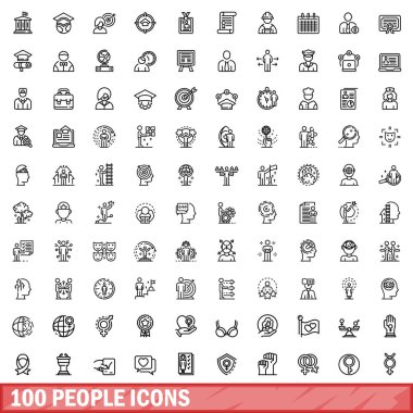 100 kişi simgesi oluşturuldu. Beyaz arkaplanda izole edilmiş 100 kişinin taslak çizimi