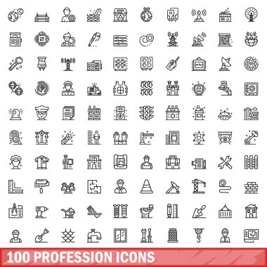 100 meslek simgesi belirlendi. Beyaz arkaplanda izole edilmiş 100 mesleki simge vektörünün taslağı