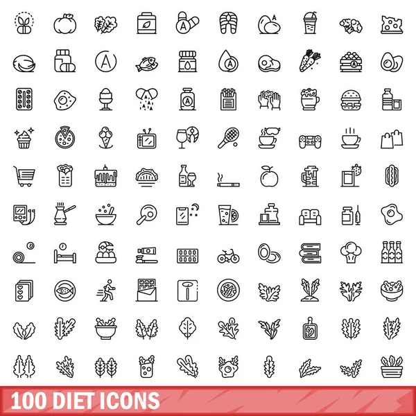 Conjunto 100 Ícones Dieta Delinear Ilustração 100 Ícones Dieta Conjunto — Vetor de Stock