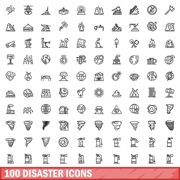 stock vector 100 disaster icons set. Outline illustration of 100 disaster icons vector set isolated on white background