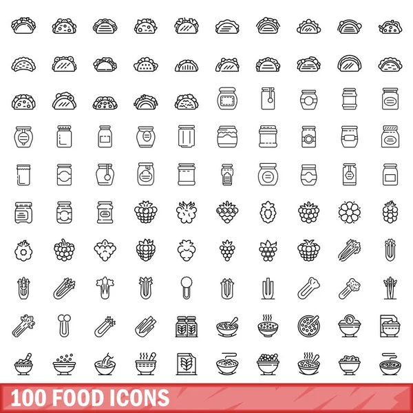100 Ícones Comida Delineamento Ilustração 100 Ícones Alimentares Conjunto Vetorial —  Vetores de Stock