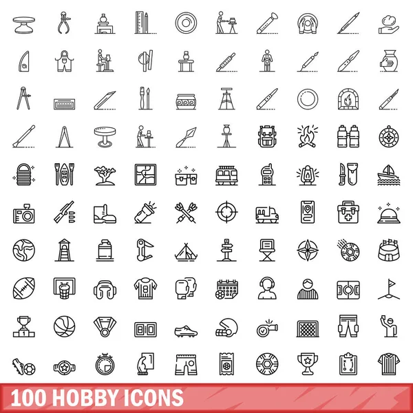 100 hobi simgesi seti. Beyaz arkaplanda izole edilmiş 100 hobi simgesi vektörünün ana hatları