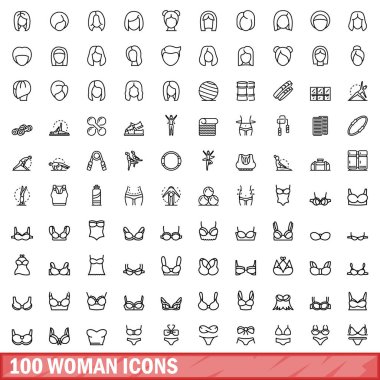 100 kadın ikonu hazır. Beyaz arkaplanda izole edilmiş 100 kadın simge vektörünün taslağı
