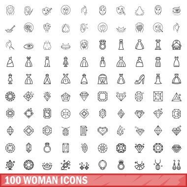 100 kadın ikonu hazır. Beyaz arkaplanda izole edilmiş 100 kadın simge vektörünün taslağı