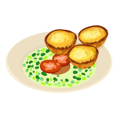 Geleneksel mutfak ikonu izometrik vektörü. Küçük kremalı kekler, Caldo Verde çorbası. Portekiz pastası de nata, ulusal yemek.
