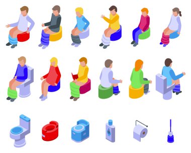 Tuvalet simgelerinde oturan bebek izometrik vektörü ayarladı. Tuvalet. Çocuk bebek