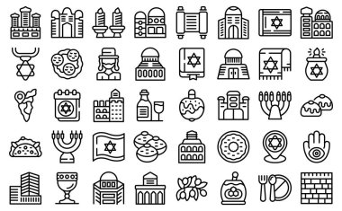 Israel icons set outline vector. Airplane anniversary. Tower wall clipart