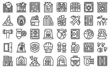 Sığınak ikonları ana hat vektörünü ayarlayın. Sığınak bombası. Nükleer kasa.