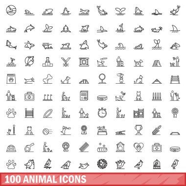 100 hayvan ikonu hazır. Beyaz arkaplanda izole edilmiş 100 hayvan simgesi vektörünün taslağı