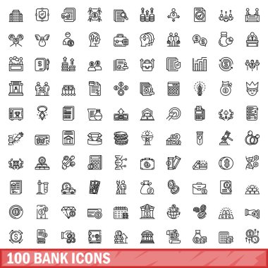 100 banka simgesi ayarlandı. Beyaz arkaplanda izole edilmiş 100 banka simgesi vektörünün taslağı