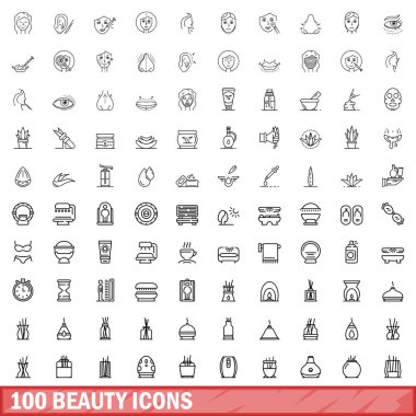 100 güzellik simgesi belirlendi. Beyaz arkaplanda izole edilmiş 100 güzellik simgesi vektörünün taslağı