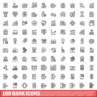 100 banka simgesi ayarlandı. Beyaz arkaplanda izole edilmiş 100 banka simgesi vektörünün taslağı