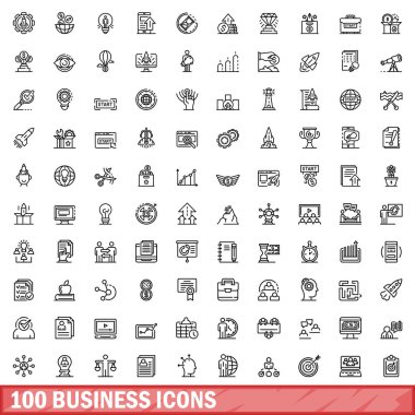 100 iş simgesi hazır. Beyaz arkaplanda izole edilmiş 100 iş simgesi vektörünün taslağı
