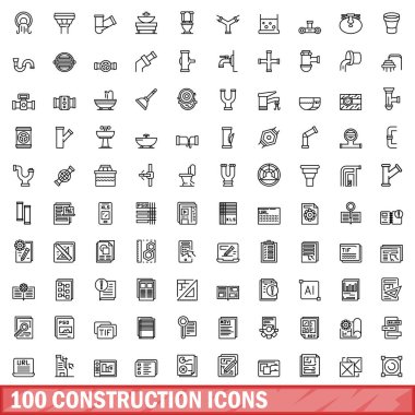 100 inşaat ikonu ayarlandı. Beyaz arkaplanda izole edilmiş 100 yapı ikonu vektörünün taslağı