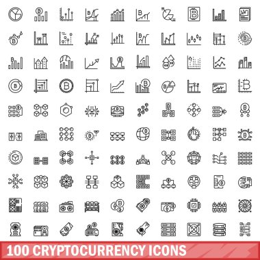 100 kripto para birimi simgesi ayarlandı. Beyaz arkaplanda izole edilmiş 100 kripto para birimi ikonu vektörünün taslağı