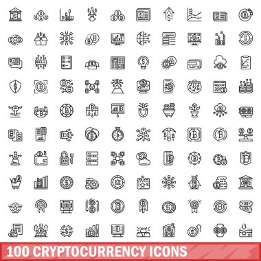 100 kripto para birimi simgesi ayarlandı. Beyaz arkaplanda izole edilmiş 100 kripto para birimi ikonu vektörünün taslağı