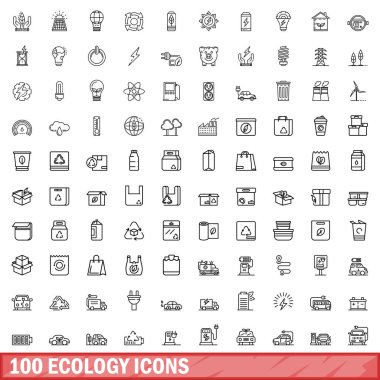 100 ekoloji ikonu ayarlandı. Beyaz arkaplanda izole edilmiş 100 ekoloji ikonu vektörünün taslağı