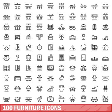 100 mobilya simgesi seti. Beyaz arkaplanda izole edilmiş 100 mobilya ikonu vektörünün taslağı