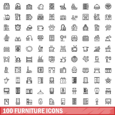 100 mobilya simgesi seti. Beyaz arkaplanda izole edilmiş 100 mobilya ikonu vektörünün taslağı