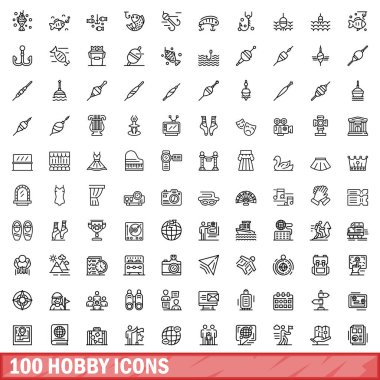 100 hobi simgesi seti. Beyaz arkaplanda izole edilmiş 100 hobi simgesi vektörünün ana hatları
