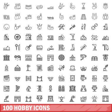100 hobi simgesi seti. Beyaz arkaplanda izole edilmiş 100 hobi simgesi vektörünün ana hatları