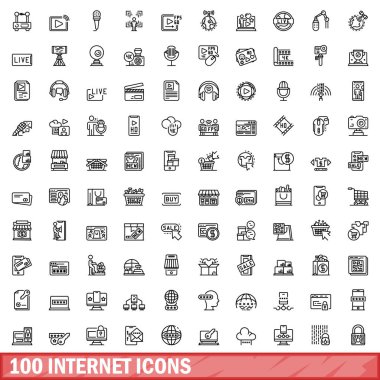 100 internet simgesi ayarlandı. Beyaz arkaplanda izole edilmiş 100 İnternet simgesi vektörünün taslağı