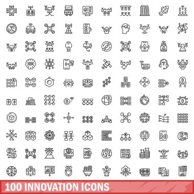 100 yenilik simgesi belirlendi. Beyaz arkaplanda izole edilmiş 100 yenilik simgesi vektörünün ana hatları