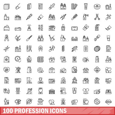 100 meslek simgesi belirlendi. Beyaz arkaplanda izole edilmiş 100 mesleki simge vektörünün taslağı