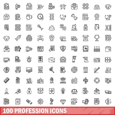 100 meslek simgesi belirlendi. Beyaz arkaplanda izole edilmiş 100 mesleki simge vektörünün taslağı