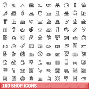 100 shop icons set. Outline illustration of 100 shop icons vector set isolated on white background clipart