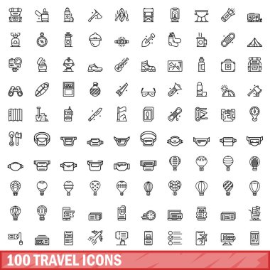 100 seyahat simgesi ayarlandı. Beyaz arkaplanda izole edilmiş 100 seyahat simgesinin taslak çizimi