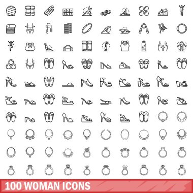 100 kadın ikonu hazır. Beyaz arkaplanda izole edilmiş 100 kadın simge vektörünün taslağı