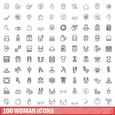 100 kadın ikonu hazır. Beyaz arkaplanda izole edilmiş 100 kadın simge vektörünün taslağı