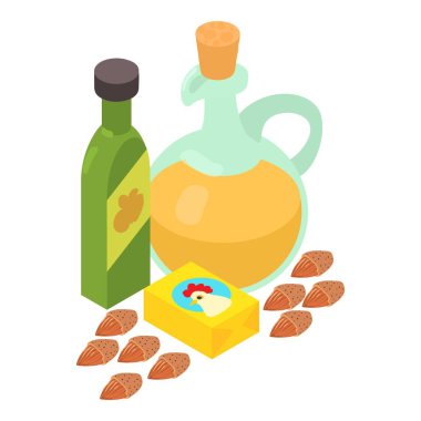 Malzeme ikonu izometrik vektörü pişiriliyor. Elma sirkesi, zeytinyağı, çorba çeşnisi. Yemek yapmak, salata sosu