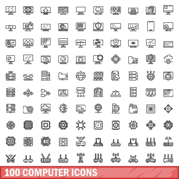 100 Ikon Komputerowych Ustawionych Zarys Ilustracji 100 Ikon Wektora Komputera — Wektor stockowy