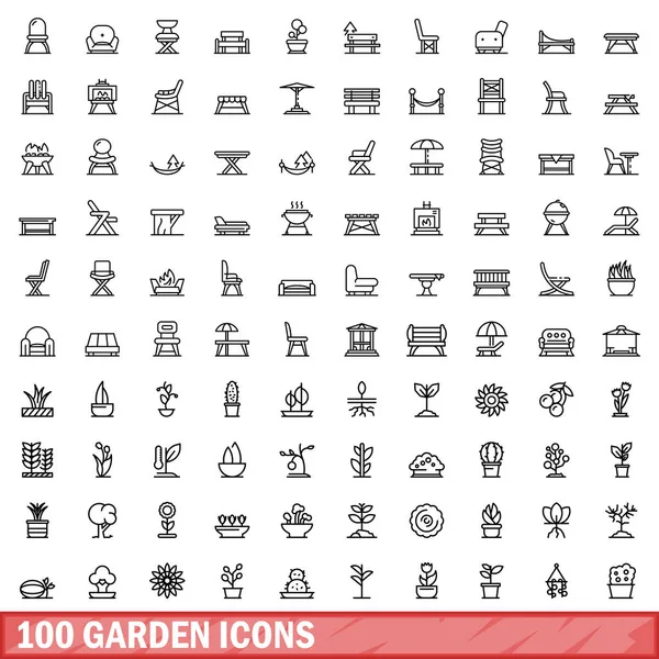 Stock vector 100 garden icons set. Outline illustration of 100 garden icons vector set isolated on white background