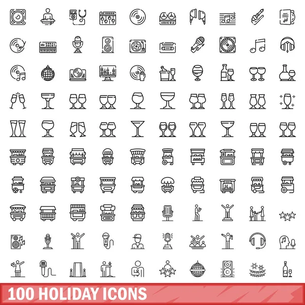 100 Iconos Vacaciones Establecidos Esquema Ilustración 100 Iconos Vacaciones Conjunto — Vector de stock