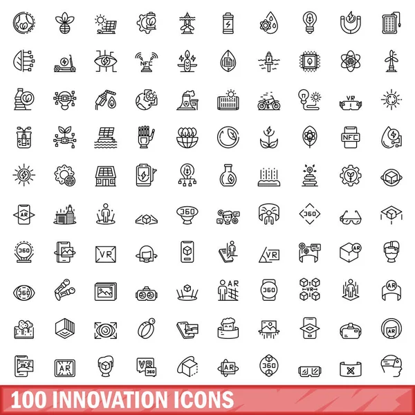 100 yenilik simgesi belirlendi. Beyaz arkaplanda izole edilmiş 100 yenilik simgesi vektörünün ana hatları