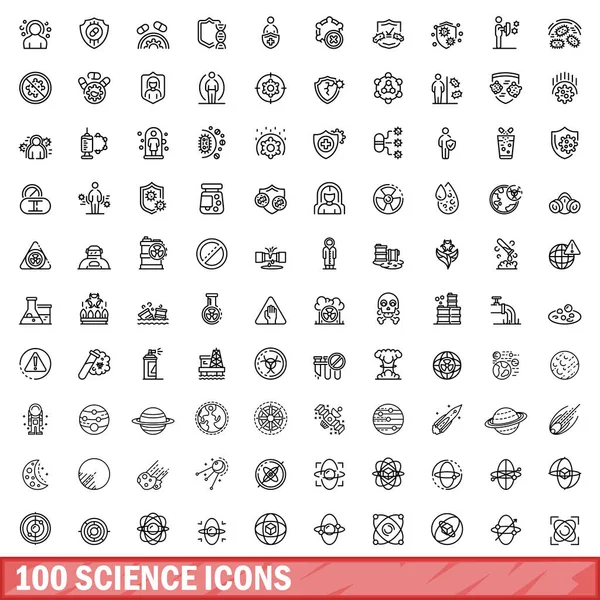 100 bilim ikonu ayarlandı. Beyaz arkaplanda izole edilmiş 100 bilim simgesi vektörünün ana hatları