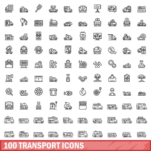 100個の輸送アイコンセット 白い背景に孤立した100個の輸送アイコンベクトルセットの概要図 — ストックベクタ