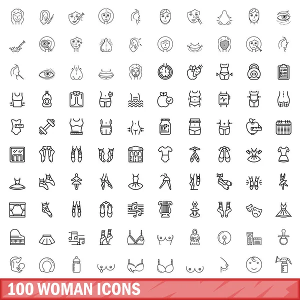 stock vector 100 woman icons set. Outline illustration of 100 woman icons vector set isolated on white background