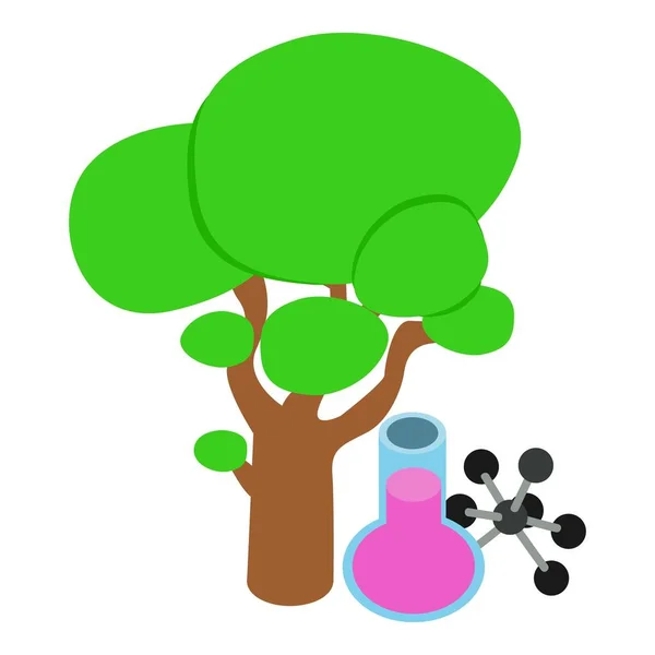 Bilim Konsepti Izometrik Vektörü Kimyasal Matara Ağacın Altındaki Molekül Modeli — Stok Vektör