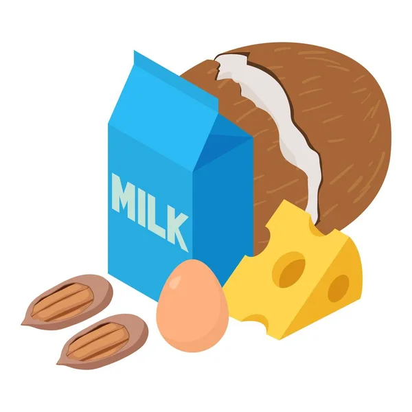 Изометрический Вектор Пищевых Белков Пакет Молока Кусочек Сыра Кокос Яйцо — стоковый вектор