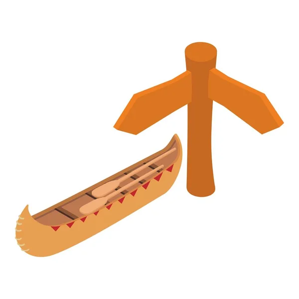 インドのカヌーアイコン等角ベクトル 伝統的なレトロなカヌーや木製の道路標識 アメリカ先住民の水運 — ストックベクタ