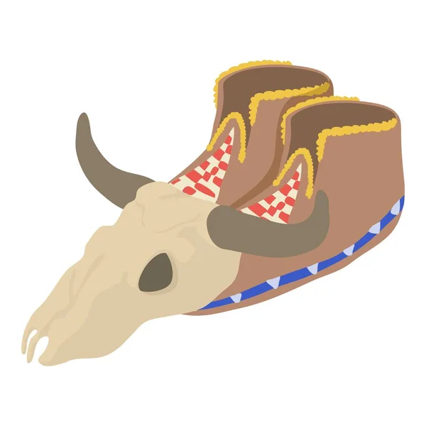 インドの靴のアイコン等角ベクトル 古代アメリカインディアンのモカシン水牛の頭蓋骨 伝統的な履物 — ストックベクタ