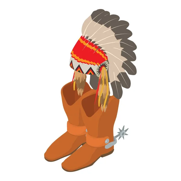 アメリカ西部のアイコン等角ベクトル 革のカウボーイブーツとインディアンの頭飾り 伝統的な帽子と履物 — ストックベクタ
