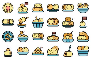 Kroket simgeleri dış hat vektörünü ayarlar. Pişmiş top. Patates rengi ince çizgi