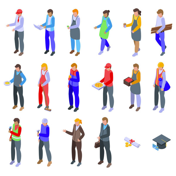 Teenagers first job icons set isometric vector. School girl. Business team