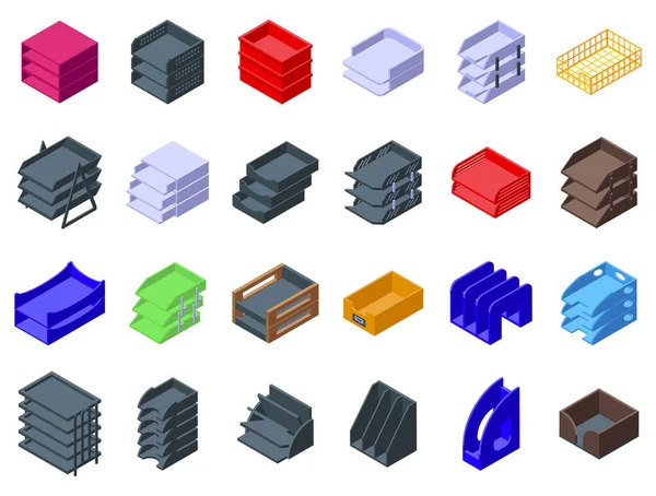 Icônes Plateau Papier Ensemble Vecteur Isométrique Porte Bureau Fichier Stockage — Image vectorielle